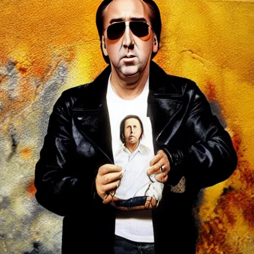Image similar to Photo Nicolas Cage holding another Nicolas Cage that paint himself on a wall.