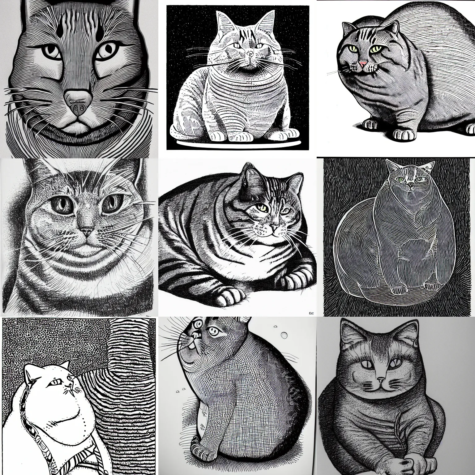 Prompt: micron pen drawing, multicolored, of a massively obese cat, drawn by charles burns, matt groening, stippling
