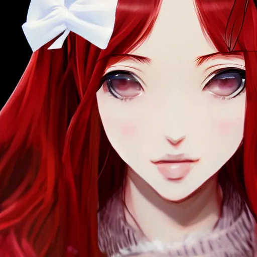 Prompt: luxury advertisement, astonishing portrait of a very beautiful anime high-school girl with red hair, white ribbon, full perfect face, realistic, highly detailed background, artstation, 120 degree view, drawn by Sasoura, Satchely and Akihiko Yoshida, no distortion