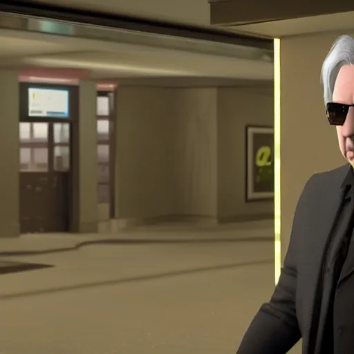 Image similar to Alan Rickman in a dark suit holding handgun, standing in lobby of office building, style of GTA V, octane render