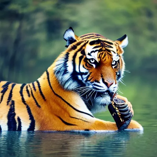Prompt: beautiful tiger drinking from a pod, natural light, 85mm by Emmanuel Lubezki