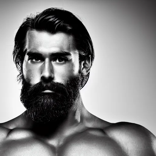 Image similar to A muscular man with an extremely chiseled jaw and dark beard, hair styled backwards, confident looking, black and white photo, softbox studio lighting