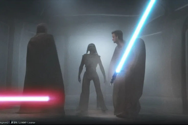 Image similar to vfx movie closeup jedi vs sith couple dual interior dark temple by emmanuel lubezki