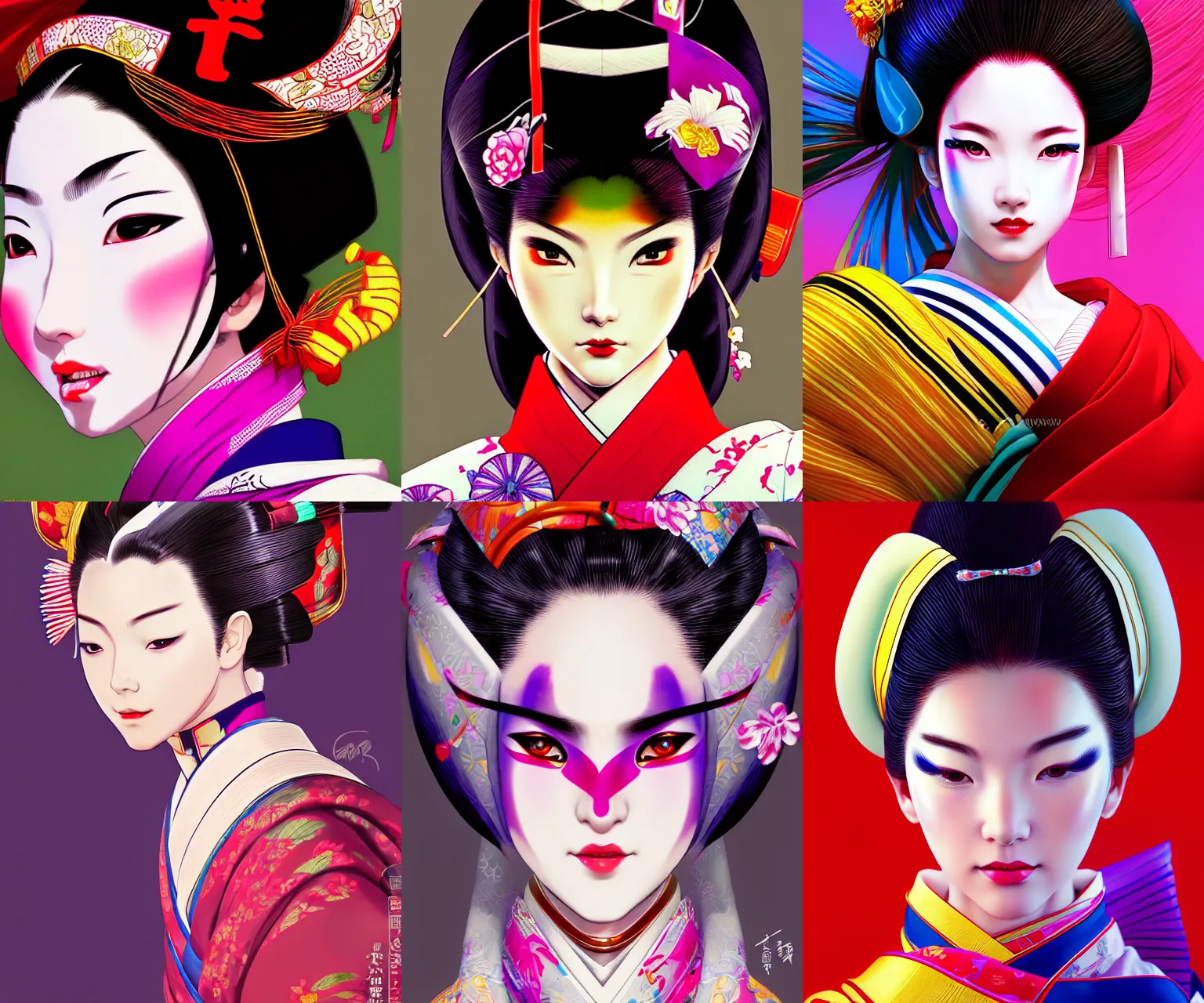 Prompt: portrait of a smirking geisha, beautiful, colorful, cinematic lighting, artstation, trending, highly detailed, focus, smooth, by hirohiko araki and yoshitaka amano