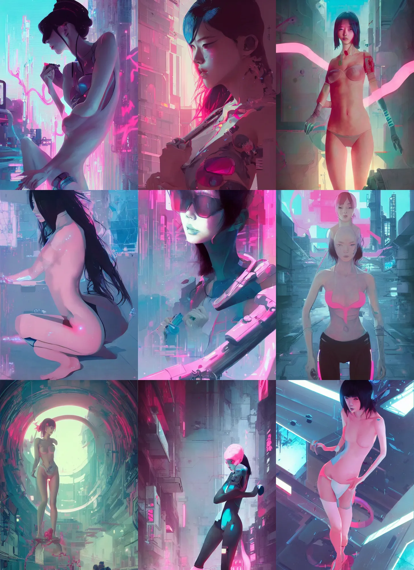 Prompt: lee jin - eun emerging from pink water in cyberpunk theme by ilya kuvshinov and peter mohrbacher, and m. k. kaluta, rule of thirds, seductive look, beautiful