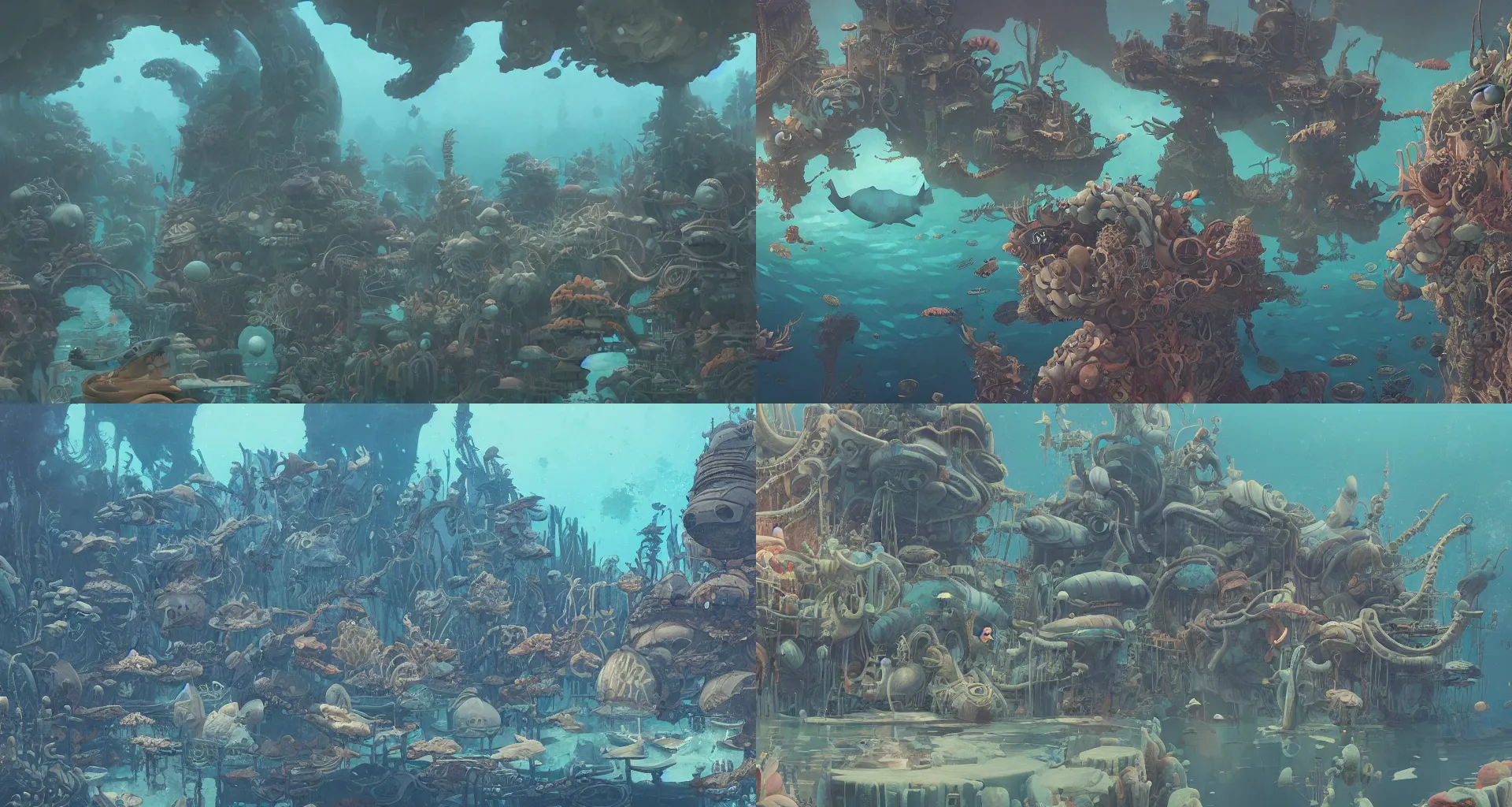 Prompt: a beautiful detailed matte painting of underwater museum of water world creatures by ghibli, by greg tocchini, by james gilleard, by joe gb fenton, by kaethe butcher, dynamic lighting, vibrant, clean, grunge aesthetic, octane render, artstation