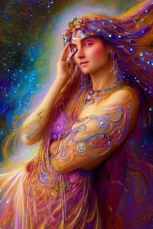 Image similar to full view portrait of an ethereal gypsy woman with detailed eyes, glowing face, floating in space with a half moon, photorealistic, colorful dress, in the style of ruan jia and gaston bussiere, holographic undertones, art nouveau galaxy background, intricate, flowing dress, smooth, sharp focus, dramatic lighting, illustration, hdr, artgerm