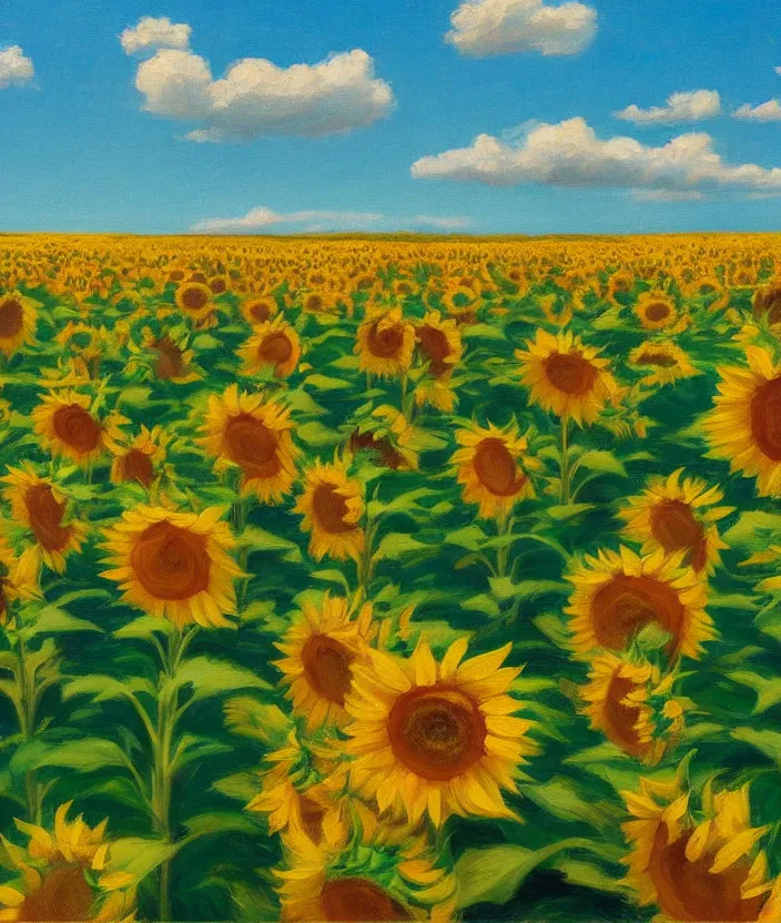 Image similar to a highly detailed sunflower field, baby blue sky with very aesthetic stylized clouds, in the style of edward hopper, very fine brushstrokes, 4 k,