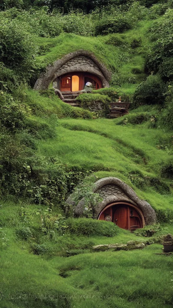 Prompt: studio ghibli hobbit home in the irish countryside, the shire, 35mm photography by gregory crewdson