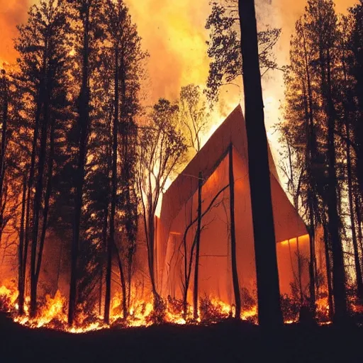 Prompt: a beatiful photo of a building engulfed in a forest fire