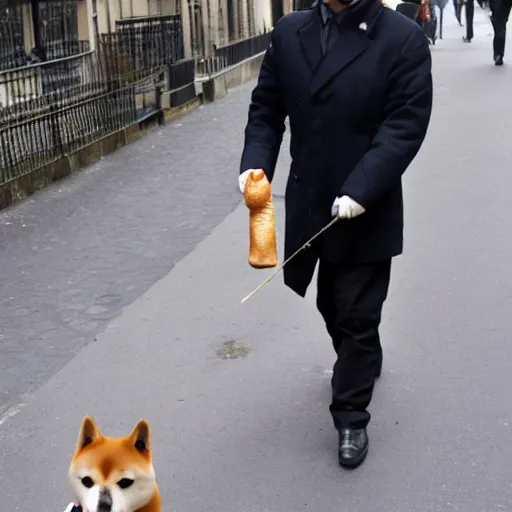 Prompt: Shiba Inu in a beret walks down the streets of Paris, carrying a baguette