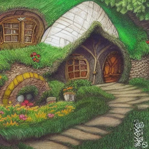 Prompt: colored pencil illustration of a hobbit house in the shire, in the style of Tolkien