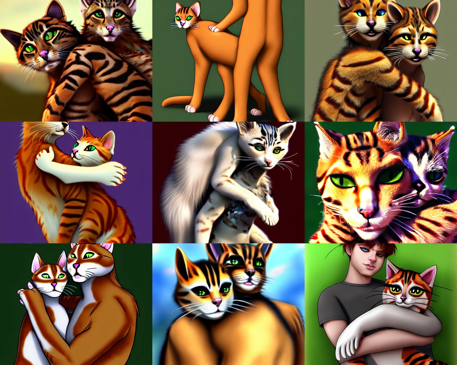 Prompt: feline fursona ( male ) | | photorealistic : hugged by feline furry man fursona, dmt, ue 5, furry fandom, trending on weasyl