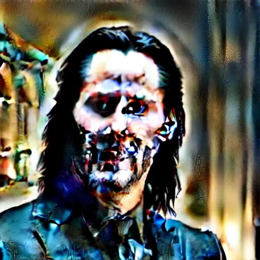 Image similar to film still of Keanu Reeves as Loki holding scepter in Avengers Endgame