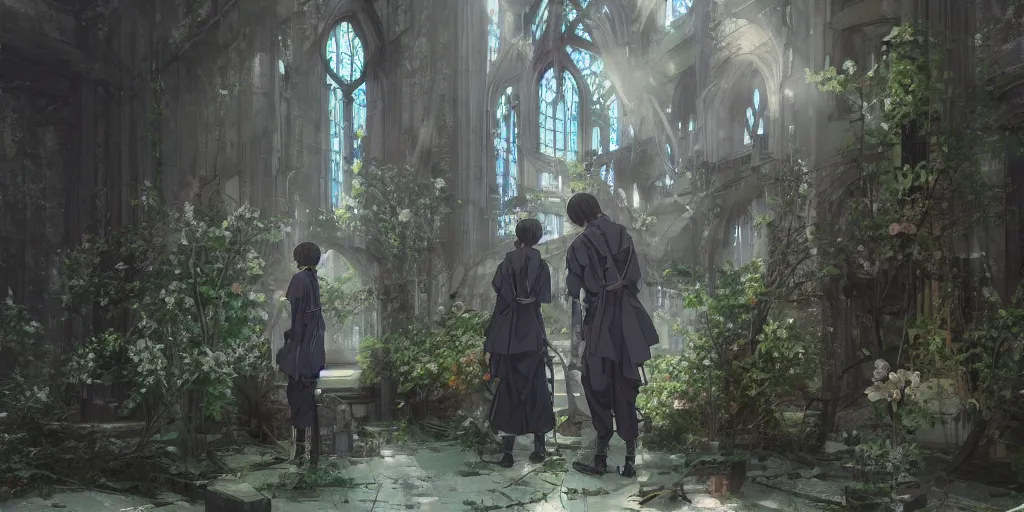 Image similar to anime kyoto animation key by greg rutkowski, perfectly detailed android hakama techwear in abandoned chapel with overgrown flowers and plants