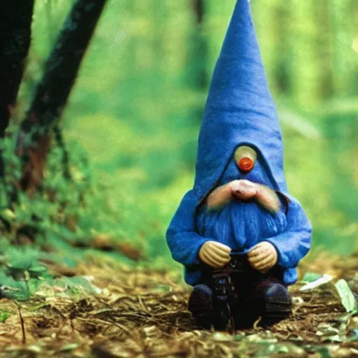 Prompt: photo of a gnome accidentally caught on camera in a forest, 1 9 7 0's, vintage, shaky