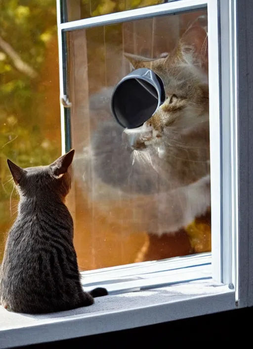 Image similar to cat inside a window next to a cat food bowl watching a martian landscape