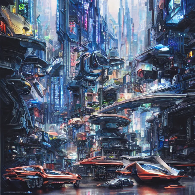 Prompt: hyperrealistic painting of a slice of life from a futuristic city, mechanical designs, futuristic vehicles, robotics, technological, cinematic, cyberpunk style, highly detailed, realism, acrylic on canvas, 8 k resolution, concept art, by noriyoshi ohrai, george luks, james gurney