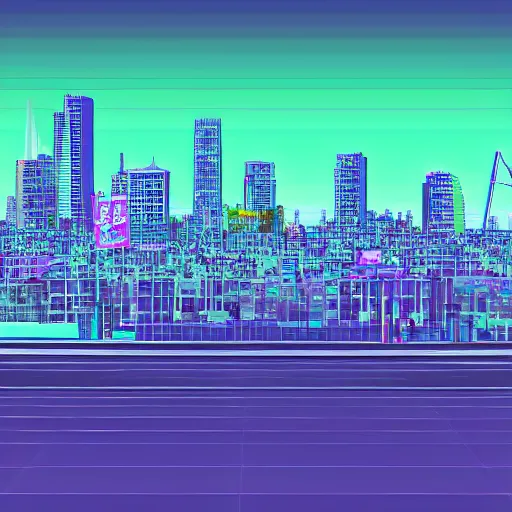 Image similar to city drawn in vaporwave art style