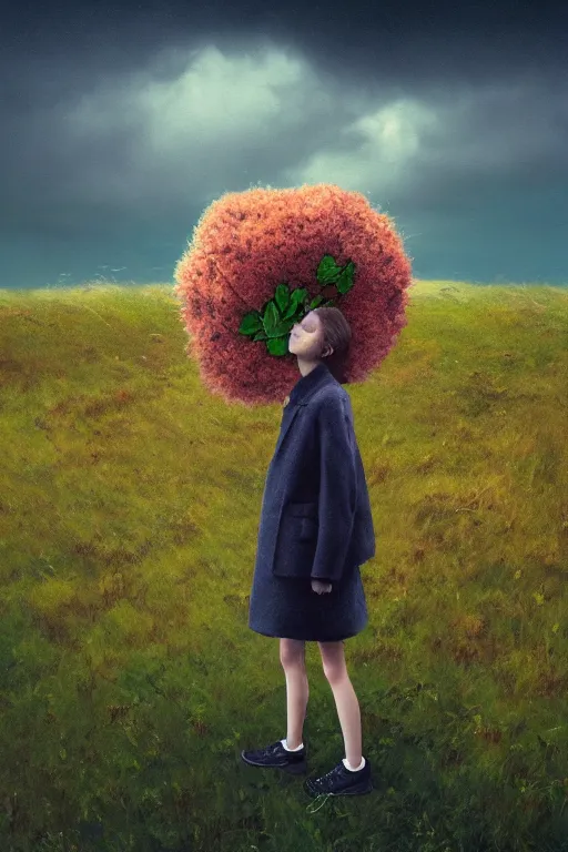 Image similar to portrait, giant flower head, a girl with coat between hedges, surreal photography, wind and cold, dramatic sky, impressionist painting, digital painting, artstation, simon stalenhag