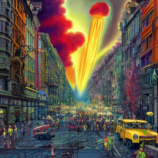 Prompt: a nuclear blast in the center of a city, huge explosion, vibrant colors, massive destruction, extremely detailed digital painting, highly detailed, 1920's colored pencil art style, deep aesthetic, 8k, highly ornate intricate details, cinematic lighting, rich colors, digital artwork, ray tracing, hyperrealistic, photorealistic, cinematic landscape, trending on artstation,
