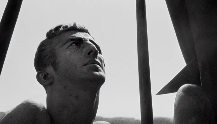 Prompt: 1 9 6 0 s movie still of marcus atilius regulus tied at pole with his bleeding eyes looking at the sun, cinestill 8 0 0 t 3 5 mm b & w, high quality, heavy grain, high detail, texture, dramatic light, anamorphic, hyperrealistic, detailed hair