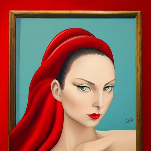 Image similar to a painting of a beautiful woman!!! wearing red, an ultrafine detailed painting by rafal olbinski, behance contest winner, pop surrealism, detailed painting, very detailed, minimalist, airbrush art