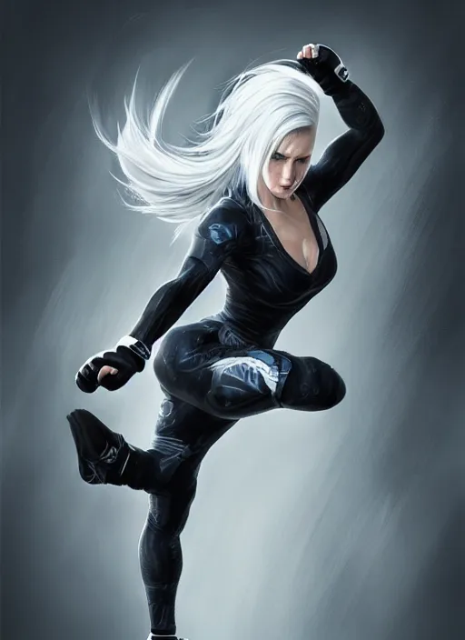 Image similar to a highly detailed illustration of fierce ponytail platinum blonde woman wearing black mma gear and gloves, dramatic powerful kicking pose, fairly muscular, athletic, intricate, elegant, highly detailed, centered, digital painting, artstation, concept art, smooth, sharp focus, league of legends concept art, WLOP