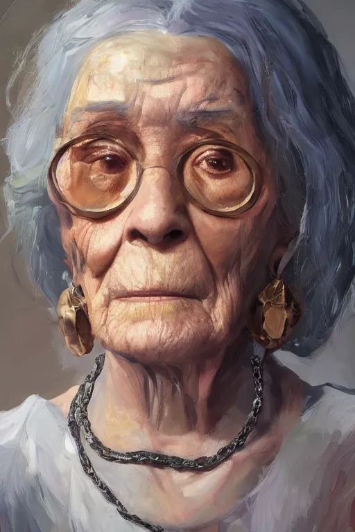 Image similar to palette knife oil painting portrait of ariadne, a mysterious spiritual guide who is a chain smoking old lady in an ashen trench coat. extreme detail, any racial background, artstation trending, artgerm, deviant art, octane, substance, art history 8 k