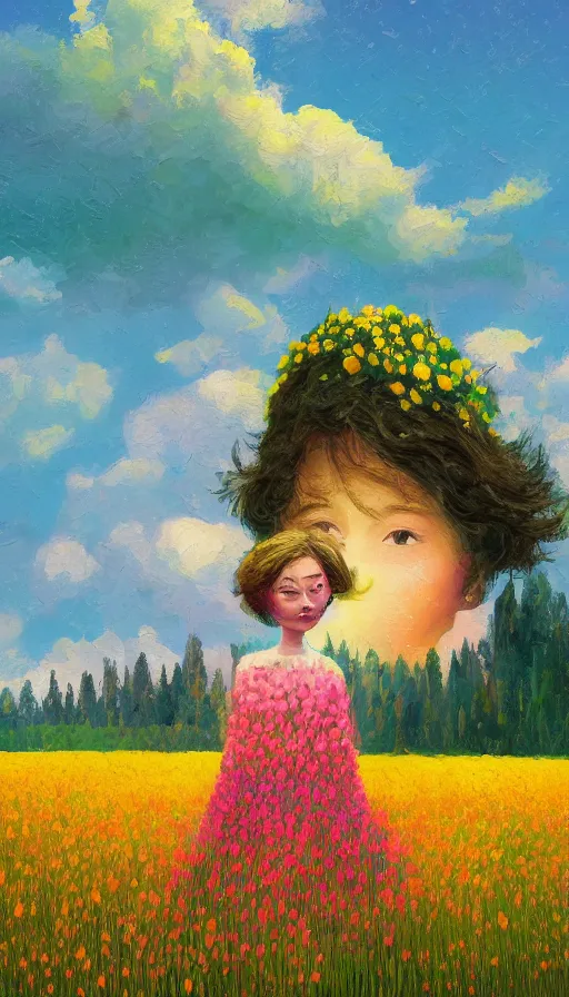 Image similar to girl with giant flower as a face and flower dress, standing in a flower field hills, big trees, sunrise dramatic light, impressionist painting, colorful clouds, digital painting, pointillism, artstation, simon stalenhag