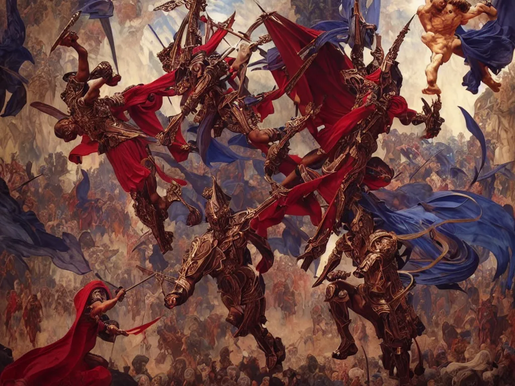 Image similar to epic battle between human warriors mages and demons, inside cathedrals and abbeys, fullbody!! dynamic action pose, religious, intricate, elegant, highly detailed, digital painting, artstation, concept art, smooth, sharp focus, red and blue color scheme, illustration, art by artgerm and greg rutkowski and alphonse mucha