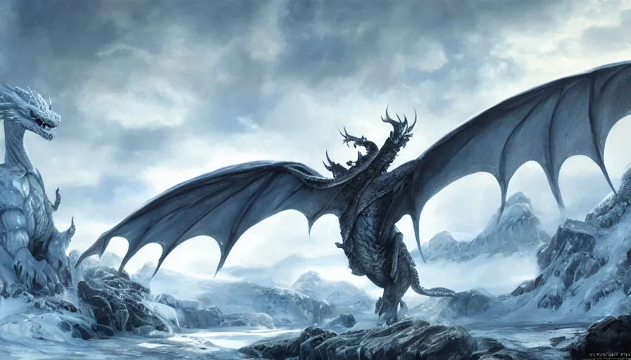 Image similar to epic ice dragon in a nordic landscape under bright daylight with fluffy clouds, set in the words of the Forgotten Realms and Guildwars2, painted by Hans Fredrik Gude, Greg Rutkowksi and Artgerm, concept art 2022, ultra realistic masterpiece, contrasting details vs blank areas, oil on canvas