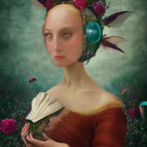 Prompt: a detailed portrait of young woman in renaissance dress and a surreal renaissance headdress, no hands visible, very surreal garden, cyberpunk, surreal tea party, strange creatures, by christian schloe and botticelli, naotto hattori, amy sol, roger dean, moody colors