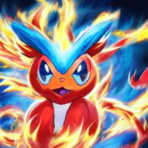 Prompt: new original pokemon, fire-demon type pokemon + clown type pokemon