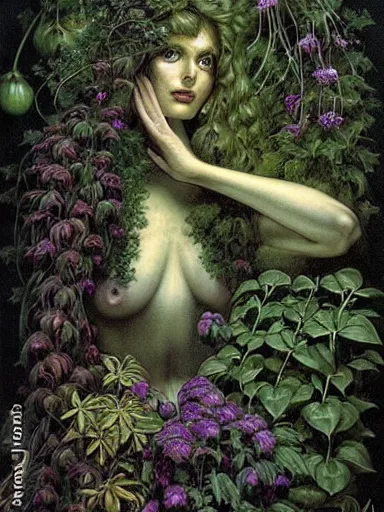 Image similar to The Hanging-Gardens of Pareidolia, lobelia, ivy, verbena and pothos growing facial features and optical-illusions, aesthetic!!!!!!!!!!, by Gerald Brom in the style of Johfra Bosschart in the style of,