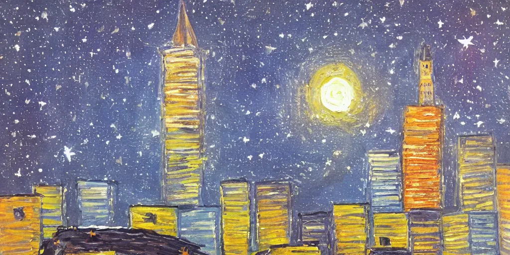 Image similar to stary night painting, norman foster tower, house, city