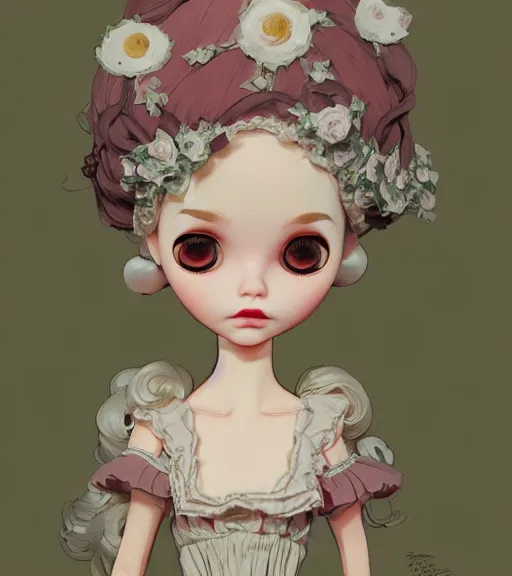 Image similar to portrait of a blythe doll in baroque dress design inspired by flower for fantasy world queen by atey ghailan, by greg rutkowski, by studio ghibli, by greg tocchini, by james gilleard, by joe fenton, by kaethe butcher, dynamic lighting, grunge aesthetic