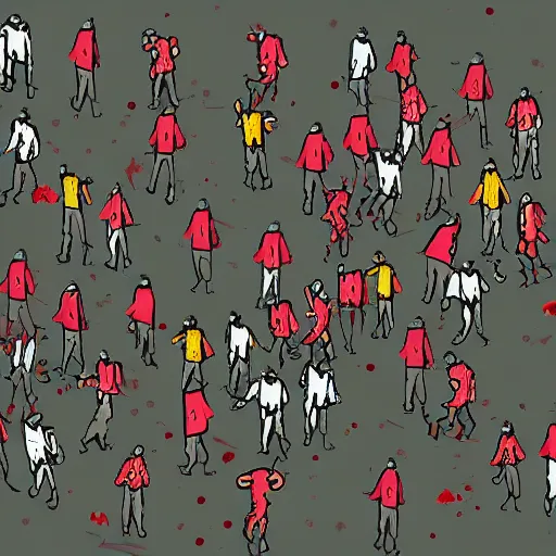 Prompt: a search and find illustration of a zombie horde and surrounded survivors of a zombie apocalypse, isometric view, digital art, illustration