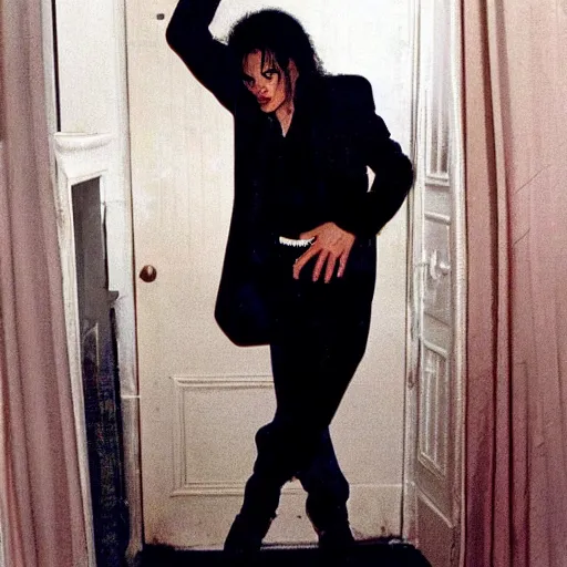 Image similar to michael jackson hidding under your bed making a silence sign