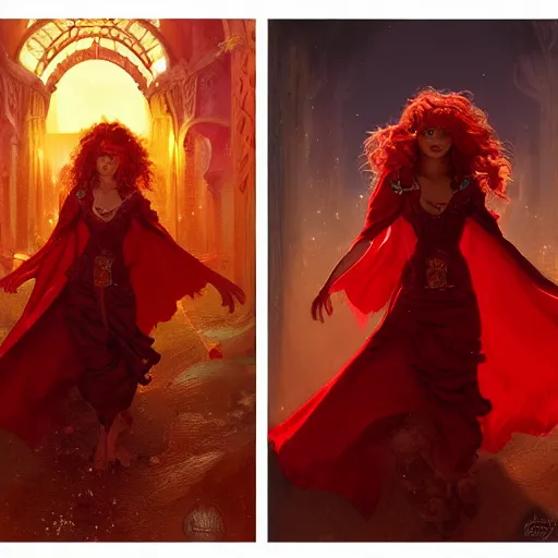 Prompt: a female sorcerer with curly red hair wearing a red dress and a red cloak exploring a colorful north - african coastal city, fantasy, highly detailed, digital painting, artstation, concept art, character art, art by greg rutkowski and tyler jacobson and alphonse mucha