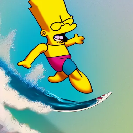 Prompt: Bart Simpson surfing the wave, artstation, 8K, UE5, photorealistic, by Boran Günday