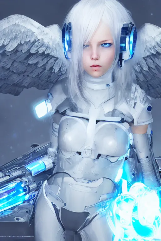 Image similar to Beautiful cyborg angel girl, blue eyes, white hair, front light, clear skin, futuristic room background, excellent composition, innocent look, high quality, highly detailed, scifi, trending on ArtStation, Akihiko Yoshida