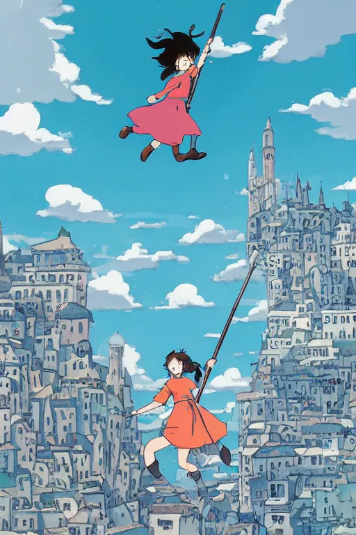 Image similar to A girl on a broomstick flying over the city sky at afternoon ,Medieval Cities ,Eye-catching blue accents,by studio ghibli,Interaction of Color, graphic design