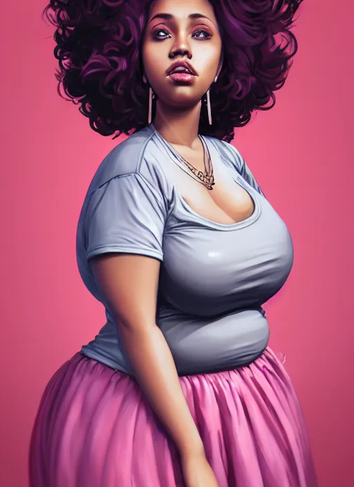 Image similar to full body portrait, teenage vanessa morgan, pink hair, obese, curly pixie hair, sultry, realistic, short hair, hoop earrings, skirt, shirt, fat, belly, black girl, intricate, elegant, highly detailed, digital painting, artstation, concept art, smooth, sharp focus, illustration, art by wlop, mars ravelo and greg rutkowski