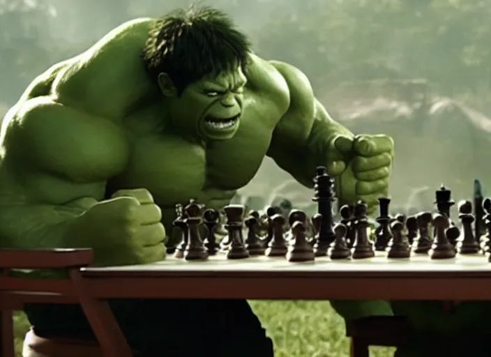 KREA - film still of hulk playing chess in the new avengers movie, 4 k