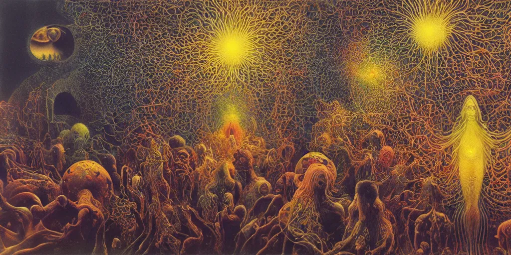 Image similar to a multiverse interpretation of a single scene with people, quantum physics, neon explosion of light, zdzislaw beksinski, by ernst haeckel, 8 k concept art, incredible masterpiece, anime illustration of a cinema, cinematic scene, viewers and directors, a futuristic theatre