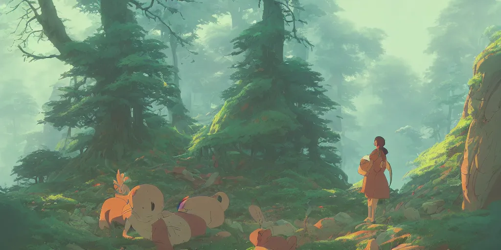 Image similar to ghibli style forest landscape, artstation, elegant, highly detailed, digital painting, concept art, smooth, sharp focus, illustration, art by don bluth and michel ocelot and makoto shinkai and tom whalen and atey ghailan and akihiko yoshida