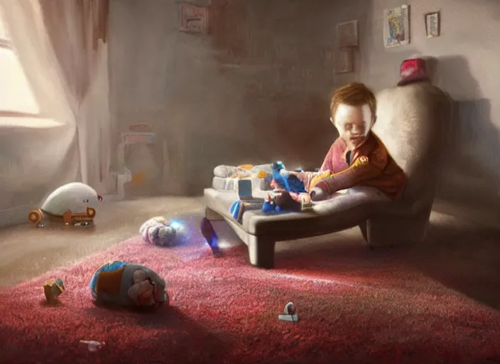 Prompt: lonely toddler elon musk sitting on a shaggy rug playing with his little rockets, bedroom, realistic painting, beautiful soft lighting, istvan sandorfi