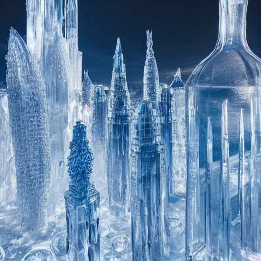 Image similar to a cityscape made entirely of ice, crystal clear ice city sculpture, first person pov, first person perspective, realistic fantasy photography, mystical