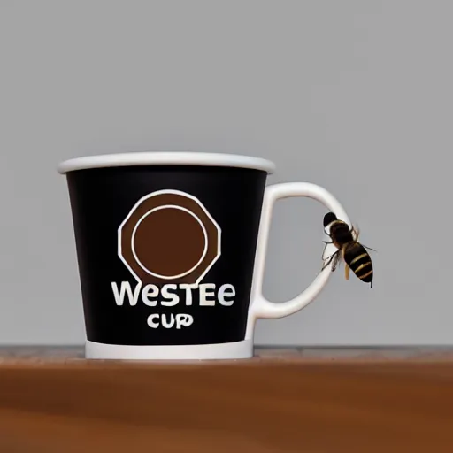 Prompt: studio shot of a cup of espresso with a westie logo on it and bees flying around it